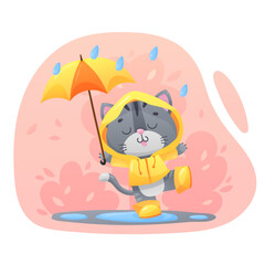 Cute gray kitty, kitten, cat with umbrella in yellow raincoat, coat, boots dancing in the rain on pink background. Vector illustration for postcard, banner, web, design, arts, calendar, advertising.