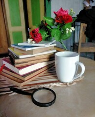 cup of coffee and books