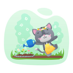 Cute gray kitty, cat in yellow work apron, with blue watering can watering the flowers in the garden. Vector illustration for postcard, banner, web, design, arts, calendar.