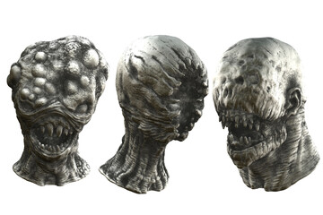 3D render of three scary heads with teeth showing isolated