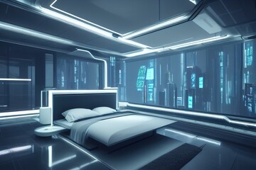 Fototapeta na wymiar Luxurious futuristic bright and spacious bedroom with huge floor-to-ceiling panoramic windows. Outside the windows is a cyberpunk city with neon lights. 3D render