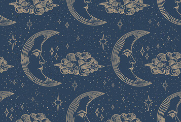 Night sky seamless pattern. Moon with a human face. Magic crescent. Set of linear vector illustrations. Heavenly illustrations. design elements for decoration in a modern style.