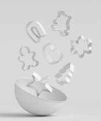 Set of metal cookie cutters and wooden kitchen utensils on monochrome background