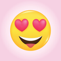 In love emoji icon. 3d face smile for love chat, message design. Heart eyes symbol, beauty kiss emoji sticker. Cute cartoon social network sign. Vector illustration