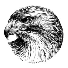 Red-tailed hawk. Graphic, black-and-white portrait of a hawk in sketch style on a white background. Digital vector graphics.