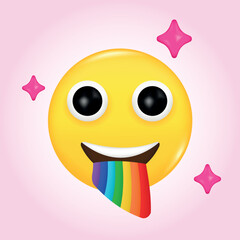 Emoji face joyful spews a rainbow from the mouth. Emoticon yellow glossy sticker. Realistic 3d design in plastic cartoon style. Isolated vector illustration