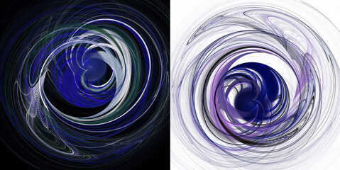 Blue, purple, white air hearts in swirls on white and black backgrounds. Set of abstract fractal backgrounds. 3d rendering. 3d illustration.