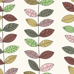 Vector seamless pattern with leaves and branches on beige background. Floral seamless pattern in scandinavian style. Natural fabric design in hand-drawn style. For textiles, wrapping paper, gift paper