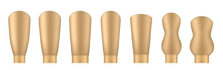 Set of gold cosmetic tubes. Realistic mockup. Korean packaging. Lotion or shower gel. Conditioner or hair mask	