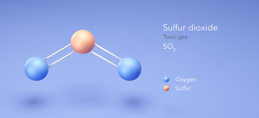 sulfur dioxide, molecular structures, Toxic gas, 3d model, Structural Chemical Formula and Atoms with Color Coding
