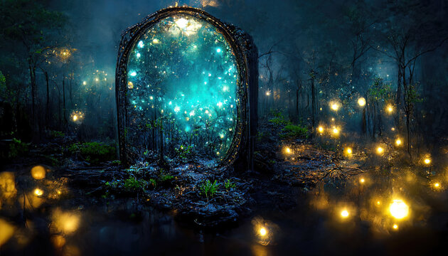 A beautiful fairytale enchanted forest at night made of glittering