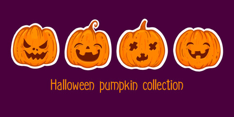 set of Halloween pumpkin isolated on white background. Vintage Halloween pumpkins. Design elements for logo, poster, emblem.