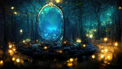 Acrylic prints Fairy forest Dark mysterious forest with a magical magic mirror, a portal to another world. Night fantasy forest. 3D illustration.