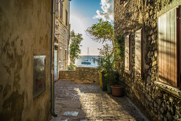 old, historic buildings in the historic old town of Rijeka, narrow streets, tenement houses, stone houses
