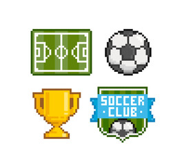 Pixel Art Football vector icons set. Soccer ball, Football field, Club Emblem, Trophy Cup in 8-bit retro game style. Pixel Football icon set