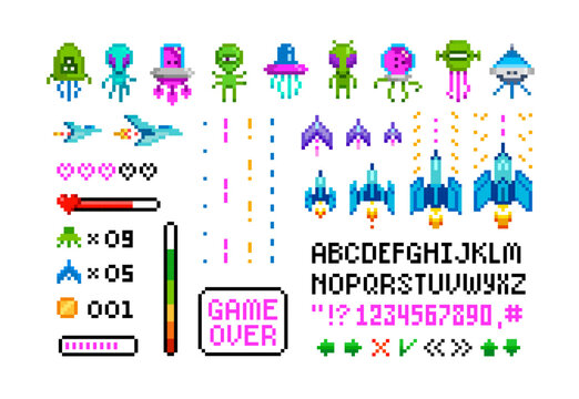 Retro 8 bit arcade game design set with icons, signs, font alphabet. Ufo aliens, space ships. Vintage 8 bit computer game assets. Pixilated Space arcade characters. Isolated vector illustration
