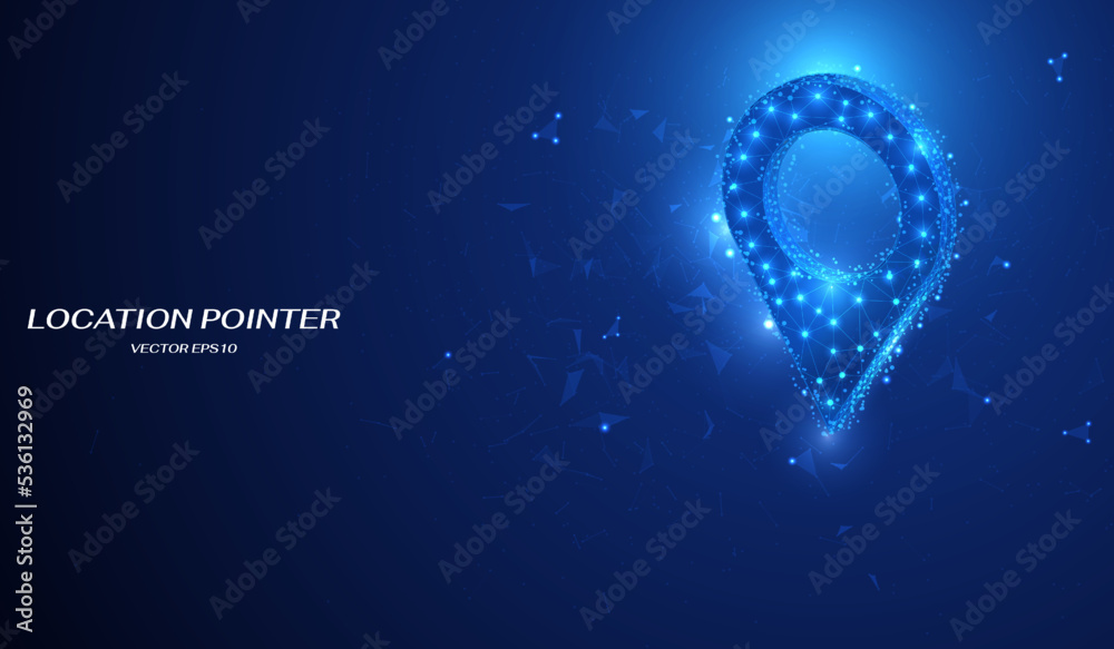 Leinwandbilder Abstract low poly location pin graphic icon object. Blue cyber space technology design. Geometric wireframe with glowing light connection vector.