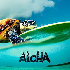 Sea turtle on a surfboard in the sea on a wave, Aloha.