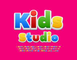Vector colorful emblem Kids Studio. Bright Сhildren's Font. Сreative Alphabet Letters, Numbers and Symbols