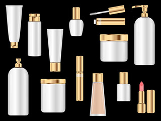 Obraz premium Realistic Cosmetic bottle, sprayer container, dispenser for cream, foams and other cosmetics, alls with gold lid