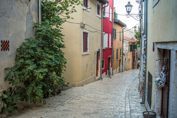 old, historic buildings in the historic old town of Rijeka, narrow streets, tenement houses, stone...