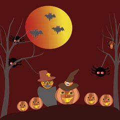 halloween background with pumpkin and bats, vector background 