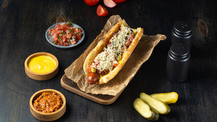 Mexican street style hot dog with salsa on a wooden cutting board on dark background.