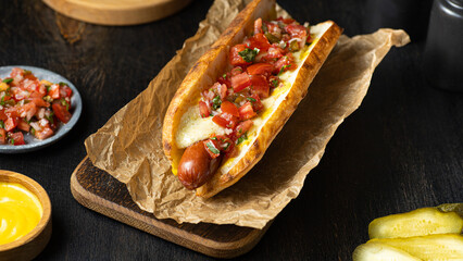 Mexican street style hot dog with salsa on a wooden cutting board on dark background.
