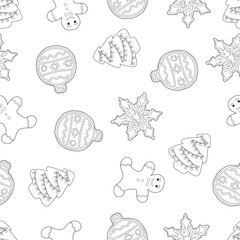 Christmas seamless pattern. Contour images on a white background. Ginger Cookie Pattern