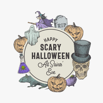 Vintage Style Halloween Circle Frame Label Template. Hand Drawn Witch on Broom, Scull, Evil Pumpkins, Rat, Poison Flask and Cauldron Sketch Illustrations with Retro Typography and Borders Isolated