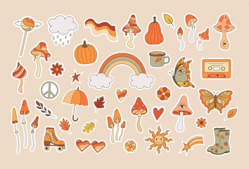 Collection of 70s autumn vibe elements vector illustration. Retro mushroom, rainbow, pumpkins, lips, peace sign, hippy style element. Vintage psychedelic groovy flat symbols, fall vibes