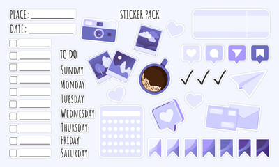 Sticker Pack. Stickers Set of elements like a coffee cup, photo camera or calendar in flat style. Date, place, to do, days of the week and calendar stickers for notebook, diary, organizer or planner.	