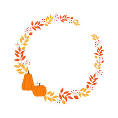Round frame with autumn twigs, berries and pumpkins. Template for autumn decorative design