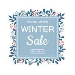 Winter sale banner template with twigs in blue colors. Template for social media, banner, poster, flyer