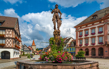 Market-Place of Gengenbach with the Roehrbrunnen fountain in the background on the right the town hall. Baden Wuerttemberg, Germany, Europe