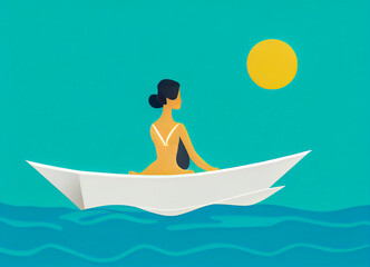 Woman on vacation on a boat, minimalist flat design, sea and sun