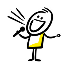 Doodle hand drawn sketch of singing man with microphone.