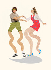 Contemporary art collage. Two cheerful people, man and woman, in summer outfit dancing, having fun. Holiday party