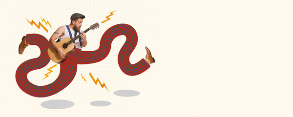 Contemporary art collage. Expressive man, rock musician playing guitar, performing.