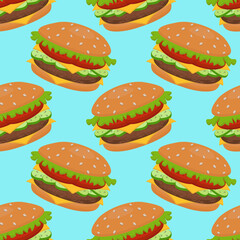 Vector seamless pattern with a hamburger. It can be used for textiles, website backgrounds, book covers, packaging, wrapping paper, cookbooks, restaurant menus. Food illustration.