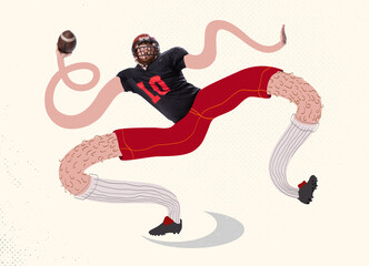 Contemporary art collage. Creative design with young man, rugby, soccer player with long legs and...