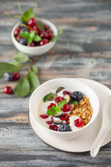 Cherry and blueberry granola with yogurt. Healthy food, diet breakfast.
