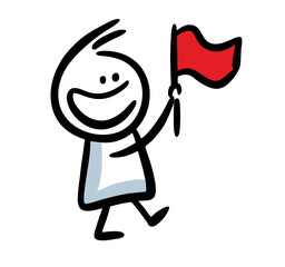 Sketch of cute hand drawn boy with red flag in his hand.