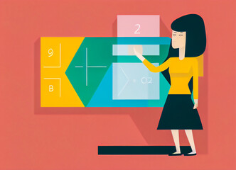 Woman mathematician or math teacher at school, minimalist flat design