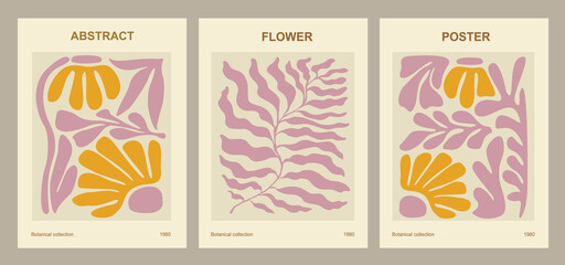 Fototapeta na wymiar Set of abstract flower posters. Trendy botanical wall arts with floral design in danish pastel colors. Modern naive hippie groovy funky interior decorations, paintings. Vector art illustration.