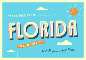 Greetings from Florida, USA - The Sunshine State - Touristic Postcard - EPS 10. - 536138199
