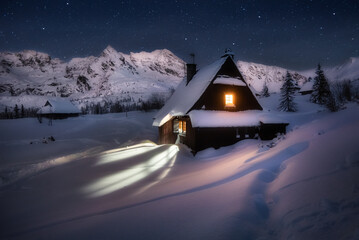 Crawler hall, Tatra Mountains, winter, snow, panorama, Poland. Tatry, zima, śnieg, mróz. Widok...