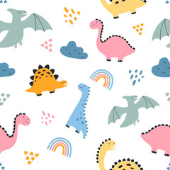 Seamless vector pattern with cute dinosaurs, clouds and rainbows. The texture is great for children's clothes, cards, packaging and stationery