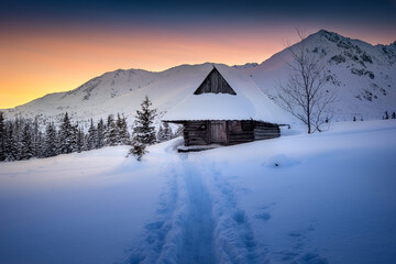 Crawler hall, Tatra Mountains, winter, snow, panorama, Poland. Tatry, zima, śnieg, mróz. Widok...