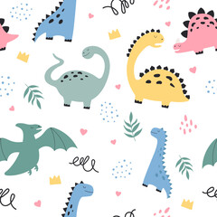 Seamless vector pattern with cute dinosaurs. The texture is great for children's clothes, cards, packaging, and stationery